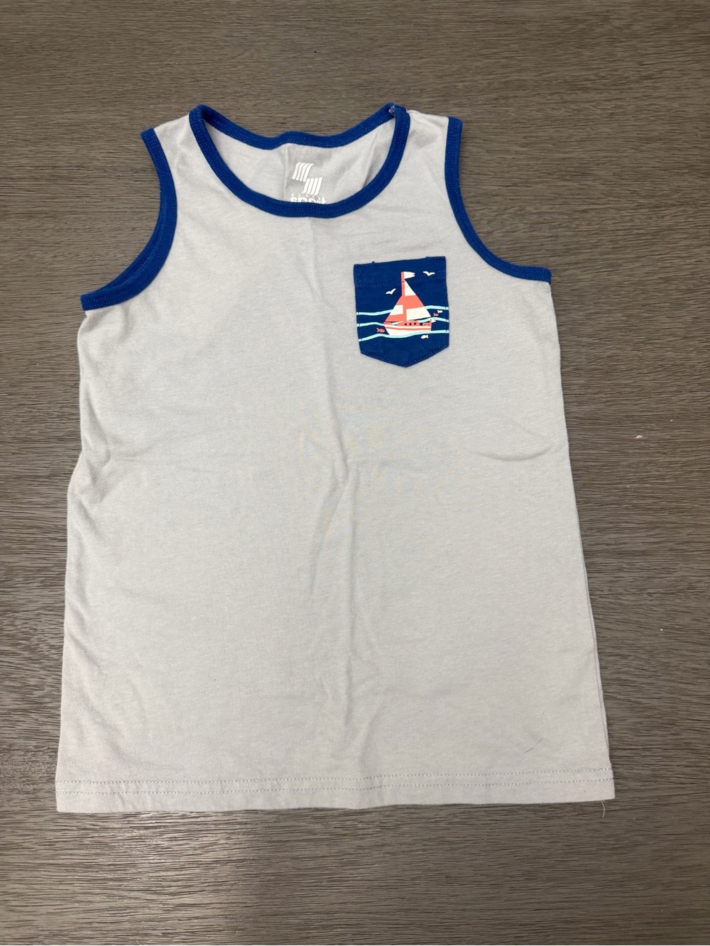 The Children's Place White Tank Top with Blue Trim and Sailboat Pocket